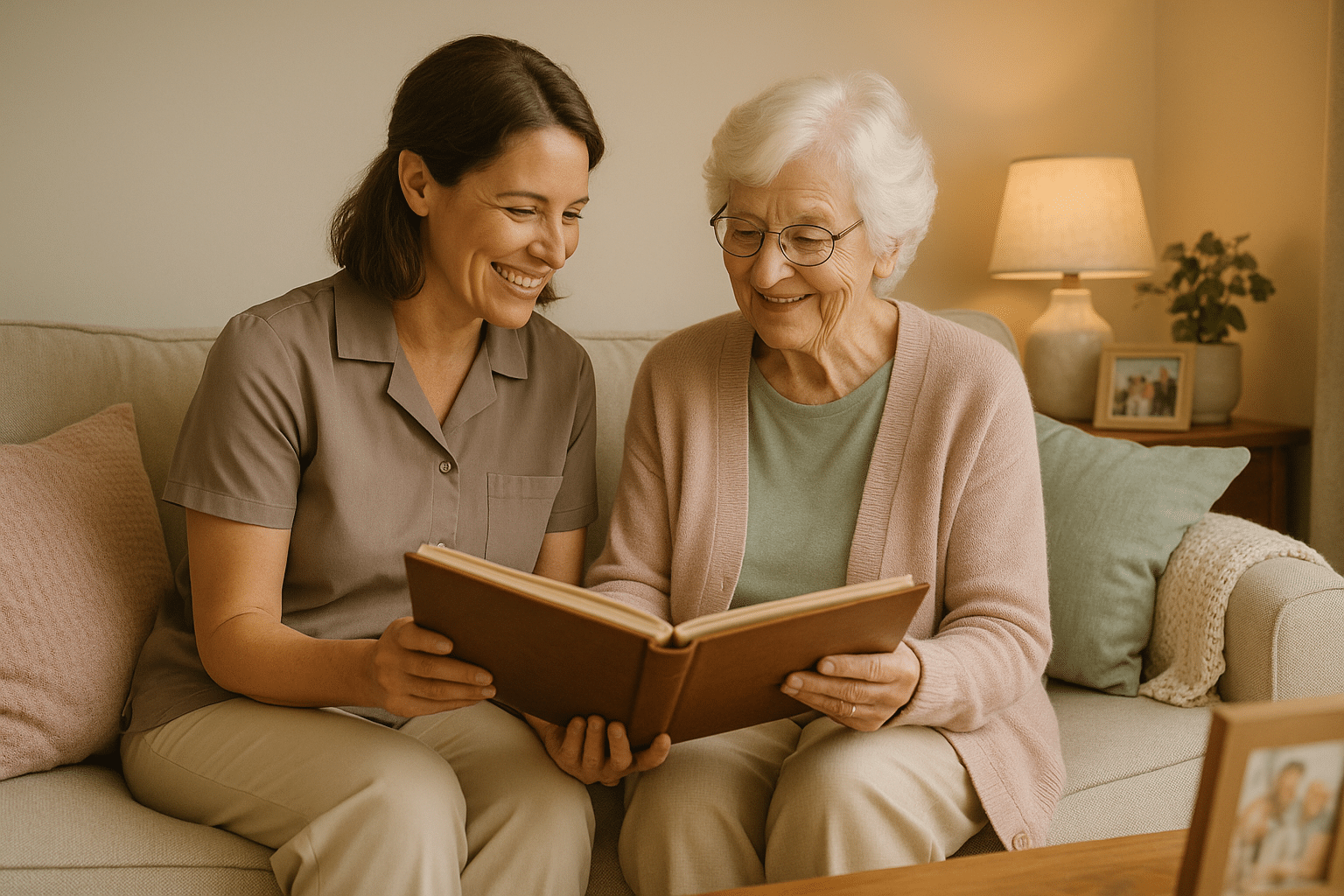caregiver and senior woman sitting on the couch looking at a book
