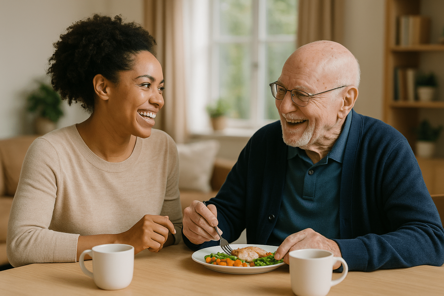 caregiver eating lunch with senior man