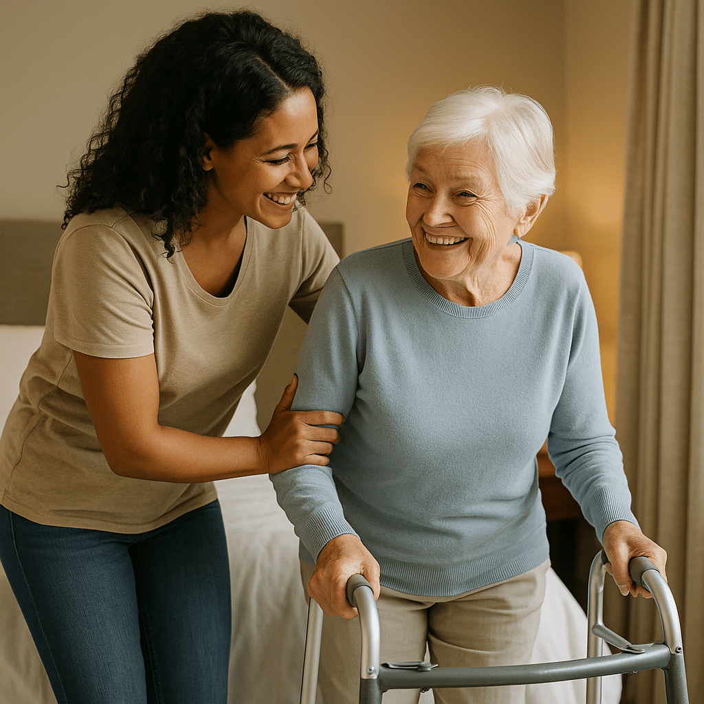 caregiver helping senior woman with a walker