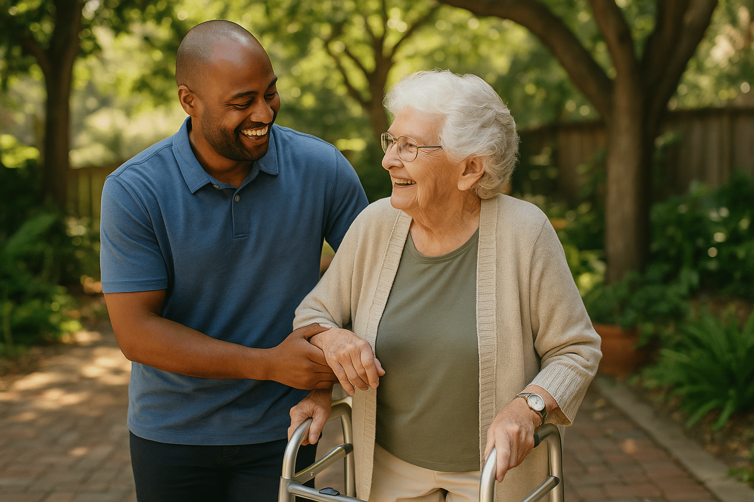 caregiver walking with senior woman with a walker